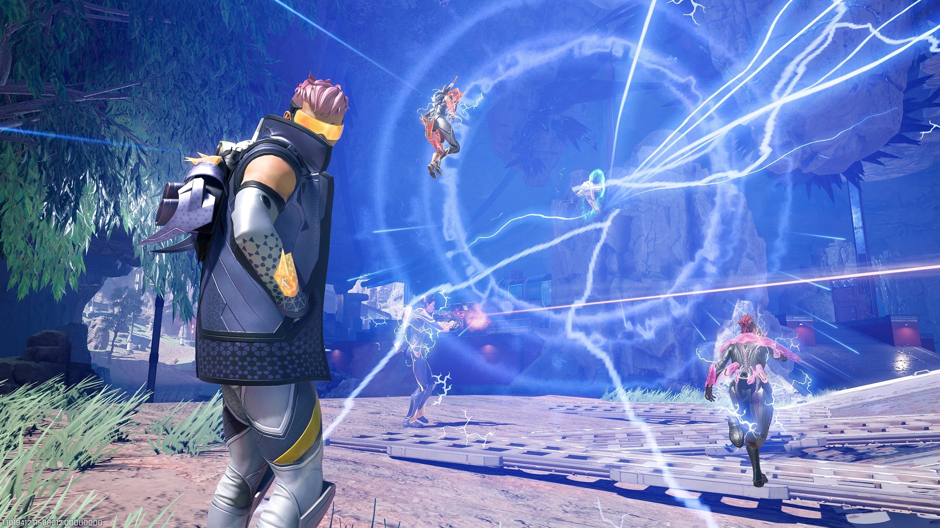 Crypto looks toward his drone's blue EMP blast in an Apex Legends promotional screenshot.