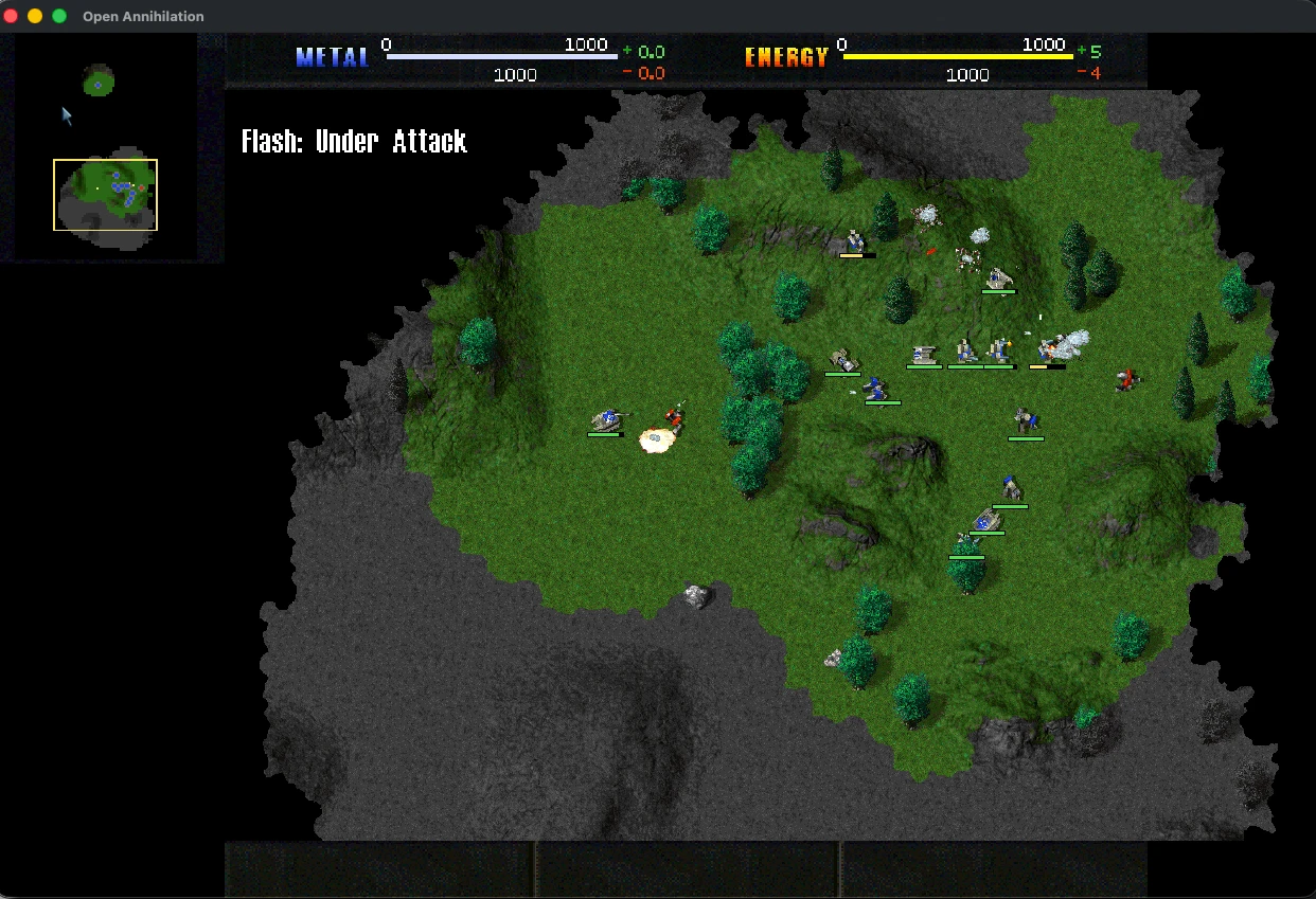 Units fight on a grassy map in Total Annihilation running in an Open Annihilation window.
