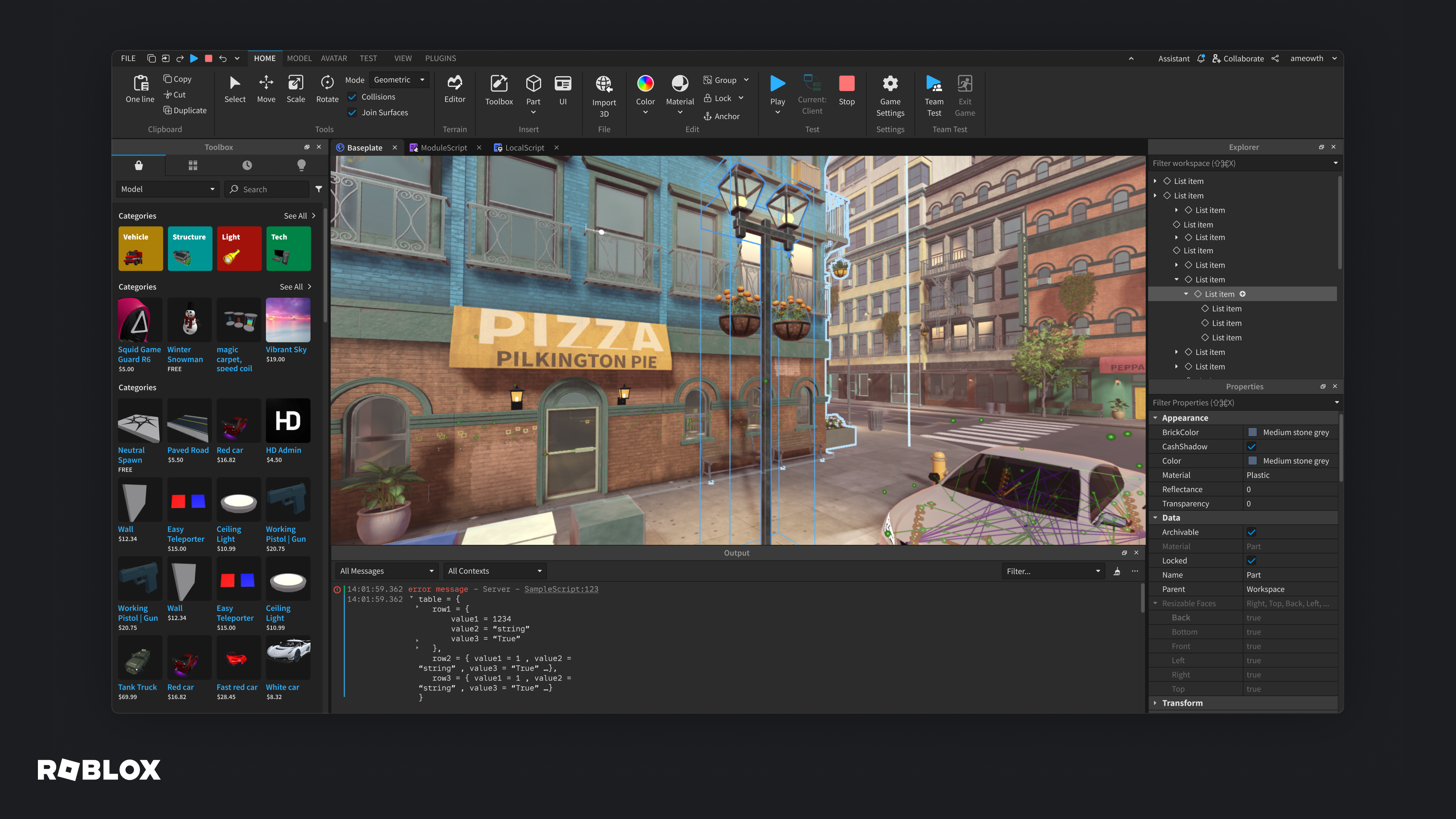 Roblox Studio showing a street scene, object tools and editor panels.