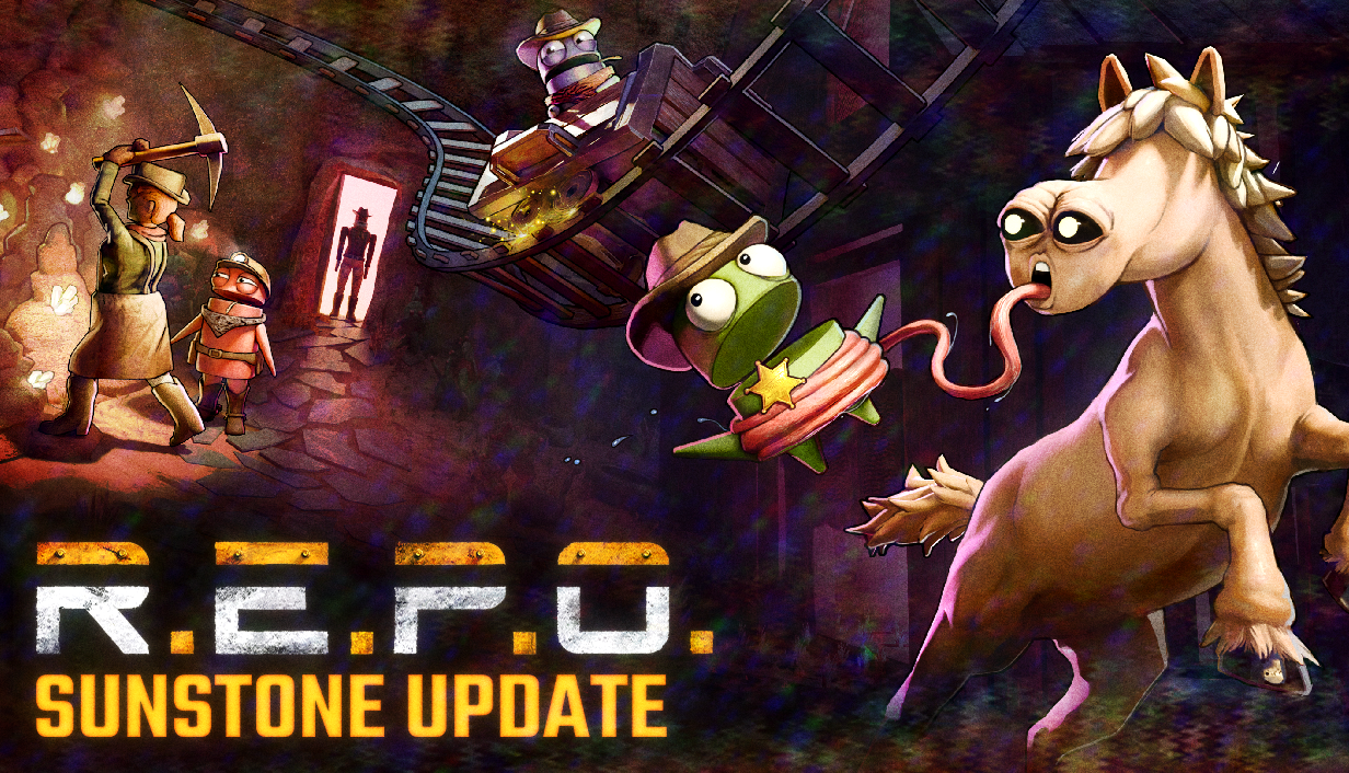 R.E.P.O. robots, a mine cart and a creature in Sunstone Update promotional art.