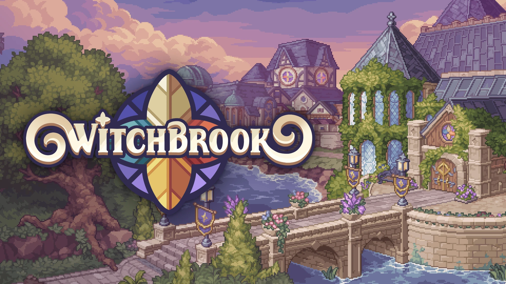 Witchbrook logo over pixel-art stone buildings, trees and a bridge.